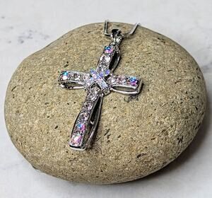 White Gold Plated Crystal Cross Necklace NEW Religious Spiritual Gift